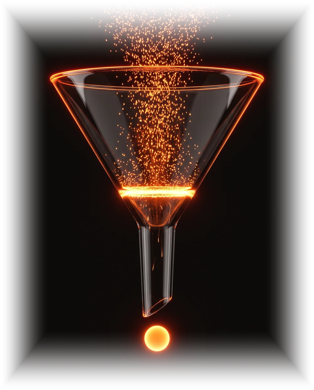 Embudo de vidrio con borde de neón naranja: una lluvia de partículas entra por arriba, un anillo de luz filtra en el centro y una sola esfera brillante — el lead calificado — sale por la boca
